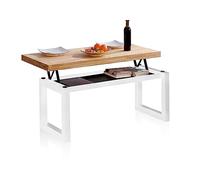 duehome | Loft, Mesa de Centro Elevable, Mesita Comedor, Acabado en Roble y Blanco, Medidas: 120 cm (Largo) x 60 cm (Ancho) x 47,5/62 cm (Alto)