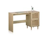 duehome | Made, Escritorio con Cajonera, Mesa de Estudio, Acabado en Madera de Pino y Ratan, Medidas: 120 cm (Largo) x 48 cm (Fondo) x 75 cm (Alto)