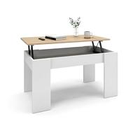 duehome | Mesa de Centro elevable, Mesita de Salón Comedor, Acabado en Blanco Artik y Roble Canadian, Modelo Norak, Medidas: 90 cm (Largo) x 50 cm (Ancho) x 33,8/45,3 cm (Alto)