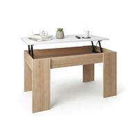 duehome | Mesa de Centro elevable, Mesita de Salón Comedor, Acabado en Roble Canadian y Blanco Artik, Modelo Norak, Medidas: 90 cm (Largo) x 50 cm (Ancho) x 33,8/45,3 cm (Alto)