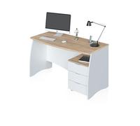duehome | Mesa de Despacho con 3 Cajones, Mesa de Oficina o Estudio, Modelo Elan, Acabado en Balnco Artik y Roble Canadian, Medidas: 136 cm (Ancho) x 67 cm (Fondo) x 74 cm (Alto)