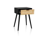 duehome | Mesita de Noche 1 cajón, Mesilla de Noche, Modelo Sanda, Acabado en Negro-Rattan, Medidas: 40 cm (Largo) x 30 cm (Fondo) x 60 cm (Alto)