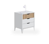duehome | Mesita de Noche 2 cajones, Mesilla de Noche, Modelo Nitza On, Acabado en Blanco Artik y Natur, Medidas: 44 cm (Largo) x 33 cm (Fondo) x 50 cm (Alto)