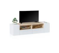duehome | Modulo TV, Mueble de Salon, Juego de Muebles, Modelo Nima, Acabado en Blanco Artik y Roble Canadian, Medidas: 138 cm (Largo) x 42 cm (Fondo) x 36 cm (Alto)