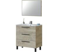duehome Mueble de baño 80 3 cajones + espejo melamina, roble, 80 x 86 x 45