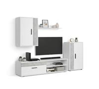 duehome | Mueble de Salón, Composición Modular de TV, Modelo: Lunet 190, Acabado en Blanco y Microcemento, Medidas: 140 cm (Largo) x 35 cm (Fondo) x 36,2 cm (Alto)