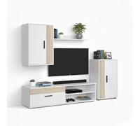 duehome | Mueble de Salón, Composición Modular de TV, Modelo: Lunet 190, Acabado en Blanco y Roble Canadian, Medidas: 140 cm (Largo) x 35 cm (Fondo) x 36,2 cm (Alto)