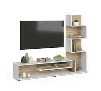 duehome | Mueble de Salón, Composición Modular de TV, Modelo Moobi 160, Acabado en Blanco y Roble Canadian, Medidas: 160 cm (Largo) x 29 cm (Fondo) x 124 cm (Alto)