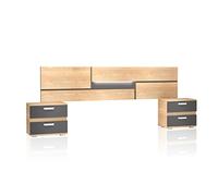 duehome | Pack Cabecero con Leds y 2 Mesitas de Noche, Dormitorio Doble, Dormitorio Completo, Modelo Ataneq Pure, Acabado en Cambria y Grafito