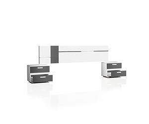 duehome | Pack Cabecero con Leds y 2 Mesitas de Noche, Dormitorio Doble, Dormitorio Completo, Modelo Ataneq Air, Acabado en Blanco y Grafito