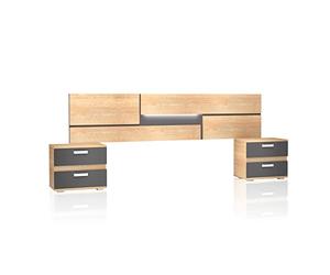 duehome | Pack Cabecero con Leds y 2 Mesitas de Noche, Dormitorio Doble, Dormitorio Completo, Modelo Ataneq Pure, Acabado en Cambria y Grafito