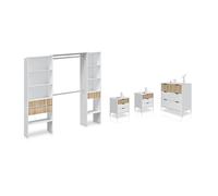 duehome | Pack de Dormitorio con 2 Mesitas de Noche + Comoda + Armario Vestidor, Conjunto de Dormitorio, Modelo Nitza On 3C Plus, Acabado en Blanco Artik y Roble Natur