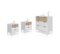 duehome | Pack de Dormitorio con 2 Mesitas de Noche + Comoda, Conjunto de Dormitorio, Modelo Nitza On 3C, Acabado en Blanco Artik y Roble Natur