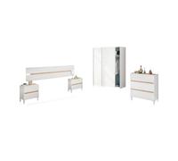 duehome | Pack de Dormitorio con Cabecero + 2 mesitas de Noche, Comoda y Armario Doble, Conjunto de Dormitorio, Modelo Erza 3c Plus, Acabado en Blanco Artik y Roble Nodi
