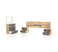 duehome | Pack de Dormitorio con Cabecero + 2 mesitas de Noche + Comoda y Espejo, Conjunto de Dormitorio, Dormitorio Completo, Modelo Ataneq Pure 4c, Acabado en Cambria y Grafito