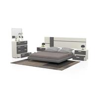 duehome | Pack de Dormitorio con Cabecero + 2 mesitas de Noche + Comoda y Espejo, Conjunto de Dormitorio, Dormitorio Completo, Modelo Ataneq Air 4c, Acabado en Blanco y Grafito
