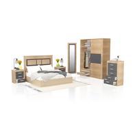 duehome | Pack de Dormitorio con Cabecero + 2 mesitas de Noche + Sinfonier + Espejo + Armario y Cajonera Interior, Dormitorio Completo, Modelo Kira 5c Plus, Acabado en Cambria y Grafito