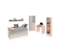 duehome | Pack de Dormitorio Juvenial con Cama Nido Juvenil, Armario, Escritorio y Estantería, Conjunto de Dormitorio Infantil, Modelo Kenia MAX, Acabado en Blanco Alpes, Rosa Pastel y Gris