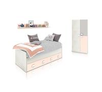 duehome | Pack de Dormitorio Juvenial con Cama Nido Juvenil y Armario, Conjunto de Dormitorio Infantil, Modelo Kenia Plus, Acabado en Blanco Alpes, Rosa Pastel y Gris