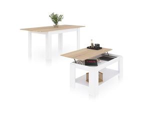 duehome | Pack de Mesa de Comedor y Mesa de Centro Elevable, Conjunto de Salon, Modelo Danna y LYA 140, Acabado en Blanco Artik y Roble Canadian