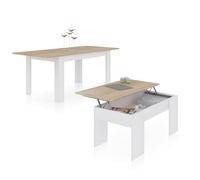 duehome | Pack de Mesa de Comedor y Mesa de Centro Elevable, Conjunto de Salon, Modelo Sira y Vita 140, Acabado en Blanco Artik y Roble Canadian