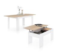 duehome | Pack Mesa de Comedor y Mesa de Centro Elevable, Conjunto de Salon, Modelo Sira y Vita 123, Acabado en Blanco Artik y Roble Canadian