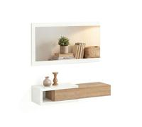 duehome | Recibidor con Cajón y Espejo, Mueble de Entrada, Modelo Derek, Acabado en Blanco Artik y Roble Canadian, Medidas: 95 cm (Ancho) x 19 cm (Alto) x 26 cm (Fondo)