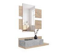 duehome | Recibidor con cajón y Espejo, Mueble de Entrada, Modelo Milo, Acabado en Roble Canadian y Cemento, Medidas: 75 cm (Largo) x 29 cm (Fondo) x 116 cm (Alto)