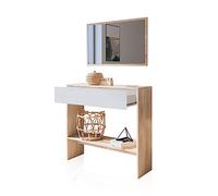 duehome | Recibidor con Cajon y Espejo, Mueble de Entrada, Mueble Auxiliar, Acabado en Tofe y Andersen, Modelo Aros, Medidas: 91,5 cm (Largo) x 27,9 cm (Fondo) x 85 cm (Alto)