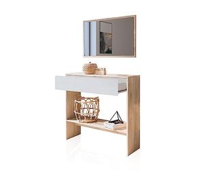 duehome | Recibidor con Cajon y Espejo, Mueble de Entrada, Mueble Auxiliar, Acabado en Tofe y Andersen, Modelo Aros, Medidas: 91,5 cm (Largo) x 27,9 cm (Fondo) x 85 cm (Alto)
