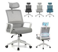 duehome Silla de Oficina Ergonómica Dafne con Reposacabezas | Silla de Escritorio, Gris y Blanco, Respaldo de Malla, Soporte Lumbar, Reclinable, Giratoria 360°, 55 x 51 x 111-121 cm