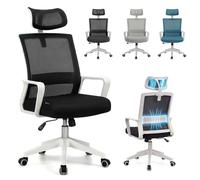 duehome Silla de Oficina Ergonómica Dafne con Reposacabezas | Silla de Escritorio, Negro y Blanco, Respaldo de Malla, Soporte Lumbar, Reclinable, Giratoria 360°, 55 x 51 x 111-121 cm