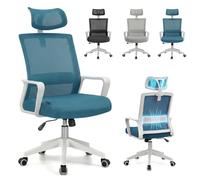duehome Silla de Oficina Ergonómica Dafne con Reposacabezas | Silla de Escritorio, Turquesa y Blanco, Respaldo de Malla, Soporte Lumbar, Reclinable, Giratoria 360°, 55 x 51 x 111-121 cm