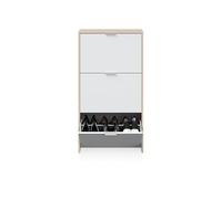 duehome | Zapatero 3 Puertas, Zapatero Estrecho, Acabado en Color Blanco Brillo y Roble Canadian, Modelo Remi, Medidas: 60 cm (Largo) x 113 cm (Alto) x 22 cm (Fondo)