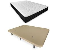 Duérmete Online - Cama Completa con Colchón Pocket Visco Reversible + Base Tapizada Reforzada Color Beige con 6 Patas Metálicas Roscadas, 150 x 190
