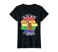 Duermo con un Gato de Bengala Humor Retro Arco Iris Camiseta gráfica económica, Mujer, Negro, XS