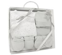 DUFFI BABY | Set Primera Puesta Bebé Recién Nacido - 5 Piezas 100% Algodón Modelo Estrella - Incluye Chaquetita, Polaina, Gorro, Babero, Manoplas - Ideal para Regalo 0-6 Meses