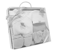 Duffi Baby Set Primera Puesta Bebe Recien Nacido 5 Piezas. Set Regalo Bebe. Conjunto Primera Puesta Bebe con Chaquetita, Polaina, Gorro, Babero y Manoplas 100% Algodon Modelo Osito Color Gris 0985-11