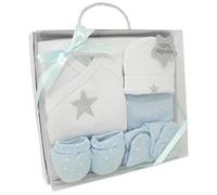 Duffi Baby Set Primera Puesta Bebe Recien Nacido 5 Piezas. Set Regalo Bebe. Conjunto Primera Puesta Bebe Chaquetita Polaina Gorro Babero Manoplas. 100% Algodon Modelo Estrella Plata Color Azul 0983-12