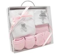 Duffi Baby Set Primera Puesta Bebe Recien Nacido 5 Piezas. Set Regalo Bebe. Conjunto Primera Puesta Bebe con Chaquetita, Polaina, Gorro, Babero y Manoplas. 100% Algodon Modelo Osito Color Rosa 0985-06