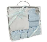 Duffi Baby Set Primera Puesta Bebe Recien Nacido 5 Piezas. Set Regalo Bebe Estrellas. Conjunto Primera Puesta Bebe con Chaquetita, Polaina, Gorro, Babero y Manoplas. 100% Algodon. Color Azul