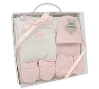 Duffi Baby Set Primera Puesta Bebe Recien Nacido 5 Piezas. Set Regalo Bebe Estrellas. Conjunto Primera Puesta Bebe con Chaquetita, Polaina, Gorro, Babero y Manoplas. 100% Algodon. Color Rosa
