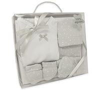 Duffi Baby Set Primera Puesta Bebe Recien Nacido 5 Piezas. Set Regalo Bebe Estrellas. Conjunto Primera Puesta Bebe con Chaquetita, Polaina, Gorro, Babero y Manoplas. 100% Algodon. Color Gris