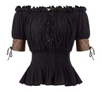 DUHENWU Blusa para mujer renacentista, estilo medieval, hombros descubiertos, corsé, manga corta, ropa vikinga, disfraz de pirata, estilo bohemio, camisa de campesino, blusa steampunk, O negro., XL