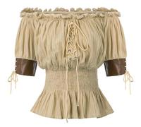 DUHENWU Blusa renacentista, estilo medieval y vikingo, hombros descubiertos, corsé, manga corta, disfraz pirata, estilo bohemio, camisa campesina, blusa steampunk