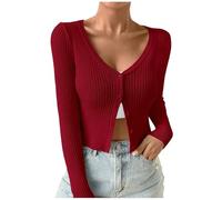 DUHENWU Cárdigan de punto corto y ligero para mujer, manga larga, elegante, cuello en V, abrigo de punto clásico con botones, informal, manga larga, suéter de punto informal para primavera y otoño, O