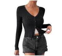 DUHENWU Cárdigan de punto corto y ligero para mujer, manga larga, elegante, cuello en V, abrigo de punto clásico con botones, informal, manga larga, suéter de punto informal para primavera y otoño, O