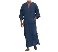 DUHENWU Hombre Manga Larga Caftán Thobe Abaya Dubai Vestido Largo Etno Ropa Musulmana Vestido Árabe Vintage Clásico Bata Lisa Musulmana Ropa Oriental Caftán Árabe Oración Eid Ropa, O Marine, S