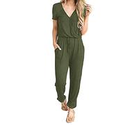 DUHENWU Mono de mujer elegante trajes de pantalón largo elegante mono de verano de manga corta mono con bolsillos y cuello en V Peto Casual Suave Ropa de trabajo Playsuits, O Ejército Verde, XXL