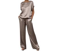 DUHENWU Traje de pantalón elegante de 2 piezas para mujer, camiseta de manga corta + cintura alta, monocolor, pierna ancha, traje deportivo, boda, festivo, verano, jogging, ropa urbana, O Gris Oscuro